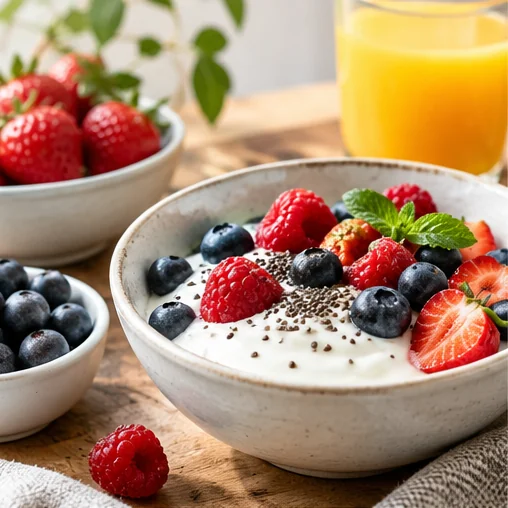 A bowl of yogurt with berries and seeds on a breakfast table