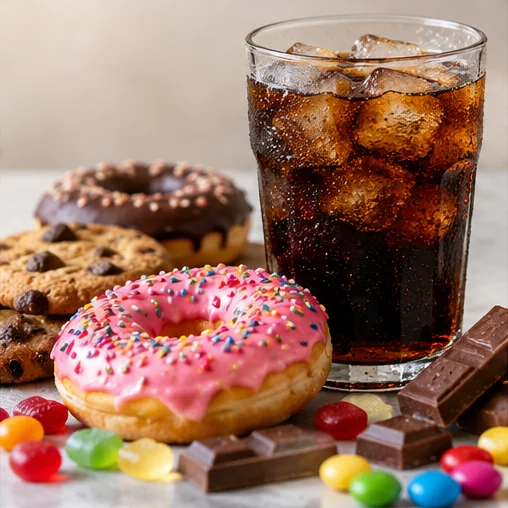 A glass of soda surrounded by doughnuts, cookies and sweets